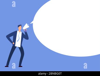 Geschäftsmann mit Megaphon. Mann mit Lautsprecher und leerer Sprechblase. Ansage Vector Konzept. Darstellung von Sprechblase, Lautsprecher und Megaphon Stock Vektor