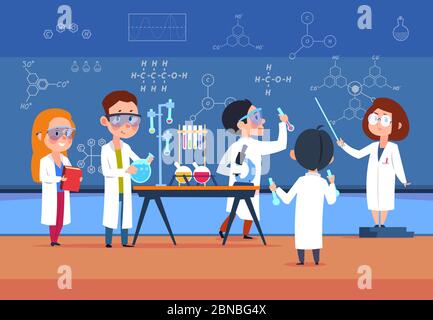 Schüler im Chemielabor. Kinder im Wissenschaftslabor machen Test. Cartoon Schüler Mädchen und Jungen in der Klasse. Vektorgrafik. Chemie Schule Labor Experiment, Wissenschaft Labor für Bildung Stock Vektor