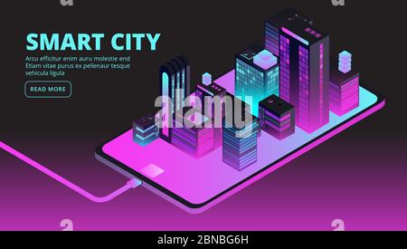 Smart City-Technologie. Intelligente Gebäude in der Stadt der Zukunft. Isometrisches 3d-Vektorbanner. Illustration des isometrischen Smart City Building auf dem Smartphone Stock Vektor