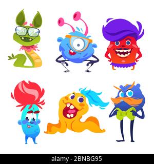 Niedliche Monster. Glücklich Cartoon Mutant und Kobold Spielzeug. Halloween Aliens Vektor Monster Set. Cartoon Monster halloween, gruselig und lustig Illustration Stock Vektor
