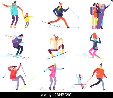 Wintersportler. Erwachsene und Kinder in Winterkleidung Snowboarden und Skifahren. Vektor Cartoon-Figuren. Winter Snowboard und Ski, Snowboarder Charakter Illustration Stock Vektor