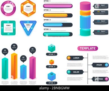 Infografik 3d-Vorlage. Geschäftsdiagramme, Diagramme und Diagramme mit Optionen und Schritten. Layout der Vektorinfografiken. Schritt-Diagramm und Diagramm-Abbildung Stock Vektor