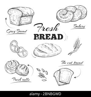 Handgezeichnete Bäckerei-Café-Karte. Vektorvorlage. Brot und Bäckerei, Brot und Bagel, Frühstück Brötchen Skizze Illustration Stock Vektor