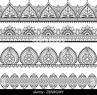 Mehndi nahtlose Grenzen. Henna orientalische Muster. Indische florale Vektorrahmen. Mehndi Muster Umriss, indianer Ornament Rahmen Illustration Stock Vektor