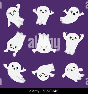 Niedlicher Kawaii-Geist. Halloween gruselige gespenstische Charaktere. Ghost Vektor Kollektion im japanischen Stil. Illustration von halloween Geist schweben, geheimnisvolle fliegen geisterhaft Stock Vektor