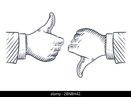 Mit der Hand gezogene Daumen nach oben und unten. Wie und anders als isolierte Skizzenvektorsymbole für Unternehmen. Abbildung der Hand mit Daumen-hoch-Finger, ok und negativ Stock Vektor