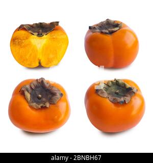 Set aus vier ganzen und Hälften japanischen reifen Orange persimmons Stockfoto