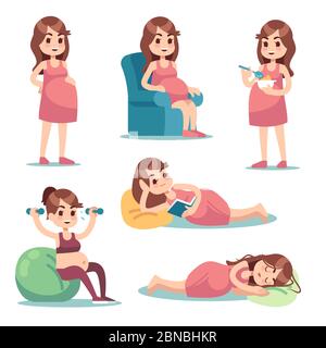 Schwangere Frau. Glückliche Mutter in der Schwangerschaft essen, Übungen machen, sitzen und stehen. Junge schwangere weibliche Vektor-Zeichen. Mutter schwanger, gesunde Fitness für weibliche Schwangerschaft Illustration Stock Vektor