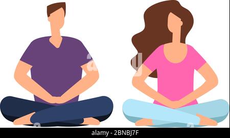 Paar in Meditation. Junger Mann, Frau, die sich in Yoga-Pose entspannt und meditiert. Harmonische Familienbeziehungen und Freundschaft Vektor Konzept. Meditation Frau Mann, Frau und Mann Entspannung Illustration Stock Vektor