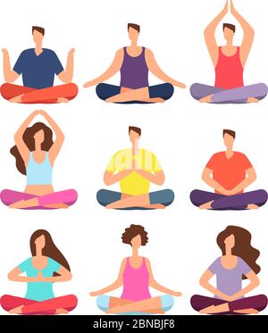 Meditationsleute. Frau und Mann meditieren in der Gruppe in Yoga oder Pilates-Klasse. Vektorsatz für isolierte Zeichen. Illustration der Menschen Übung Meditation, Fitness Gesundheit Stock Vektor