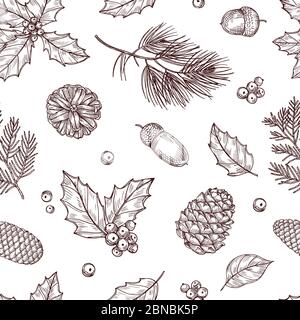 Weihnachten nahtloses Muster. Winter Tanne und Kiefer Zweige mit Kiefernzapfen. Vintage Vektor Tapete im traditionellen Gravurstil. Illustration von Muster mit Eichel und Kiefer, Eberesche und Kegel Stock Vektor