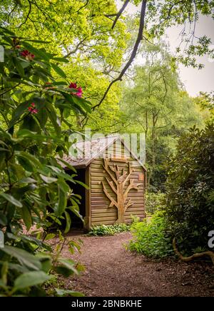 Ein Wald im Frühling. Ein Pfad führt zu einem hölzernen Unterstand mit einem Baum, der an seiner Seite geschnitzt ist. Bäume und Sträucher umgeben ihn. Stockfoto