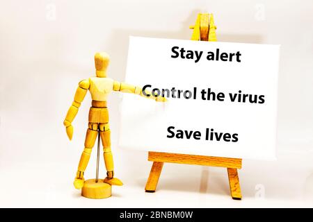 New Government Covid19 Slogan, Stay Alert, Control the Virus, Save Lives, Coronavirus Slogan, Slogan, Mantra, Government Mantra, Zeichen, Konzept, Stockfoto