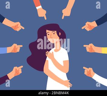 Opfer Frauen. Depressive Mädchen in Scham und Hände mit Zeigefinger. Schuldig, beschämt weiblich und Schuld in der Gesellschaft Vektor-Konzept. Frustrierte Frau, Mobbing Mitarbeiter Illustration Stock Vektor