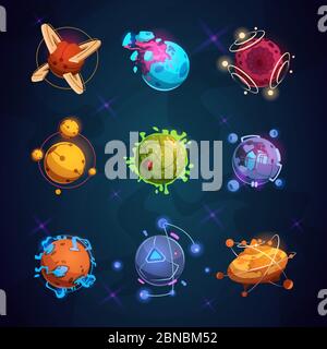 Cartoon fantastische Planeten. Fantasy außerirdischen Planeten Objekte für den Weltraum Spiel. Vektorplanet und Asteroid auf der Umlaufbahn für gui fantastische Weltraum-Illustration Stock Vektor