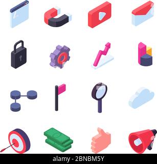 Isometrische Symbole sozialer Netzwerke. Medien und seo Marketing Web Buttons Vektor Sammlung isoliert. 3d des Satzes Zeichen für Technologie-Entwicklungsprozess, Programmierung und Megaphon Illustration Stock Vektor