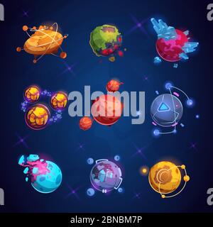 Fantasy Cartoon Planet. Fantastische außerirdische Planeten. Raum Welt Spiel Vektor-Elemente. Galaxy Raum fantastischen Planeten für gui-Illustration Stock Vektor