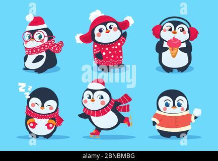Pinguine. Weihnachten Pinguin Zeichen in Winterkleidung. Weihnachten Urlaub niedlich Vektor Cartoon Maskottchen. Cartoon weihnachten Tier Pinguin Illustration Stock Vektor