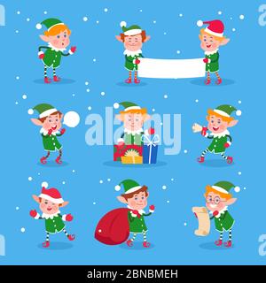 Weihnachtselfe. Baby Elfen weihnachtsmann Helfer. Lustige Winter Zwerg Vektor-Zeichen. Illustration der lustigen Charakter Junge, Cartoon Kostüm gnome Stock Vektor