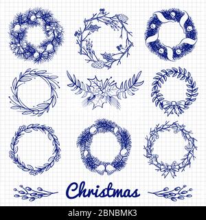 Kugelschreiber Zeichnung Weihnachten Doodle Kranz und dekorative Zweige. Vektor weihnachtskranz Dekoration, Winter Gruß Weihnachten Illustration Stock Vektor