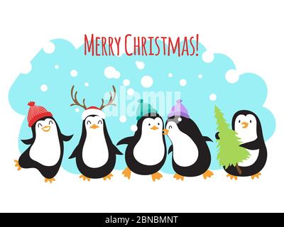 Weihnachten Winter Ferien Vektor Gruß Banner oder Hintergrund mit niedlichen Cartoon Pinguine. Pinguin fröhlich Weihnachten Feier, verschneite Banner Illustration Stock Vektor