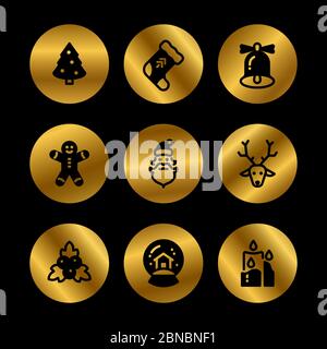 Weihnachten Weihnachten Weihnachten Weihnachten Symbole. Winter Weihnachten Silhouette schwarze Symbole auf Gold Runden. Vektorgrafik Stock Vektor