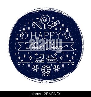 Frohes neues Jahr Grunge Banner mit Schneefall und Linie Symbole isoliert auf weißem Hintergrund Illustration Vektor Stock Vektor