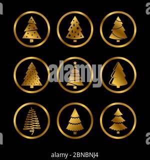 Gold helle Silhouette weihnachtsbäume Vektor stilisierte Symbole auf schwarzem Hintergrund Illustration Stock Vektor