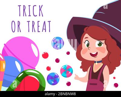 Halloween Banner mit Zeichentrickfigur Hexe und Süßigkeiten. Vektorgrafik Stock Vektor