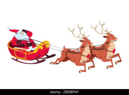 Santa auf Schlitten mit Rentiere. Weihnachten Cartoon-Figuren für Grußkarte. Isolierte Vektordarstellung. weihnachtsmann und Rentier fliegen Stock Vektor