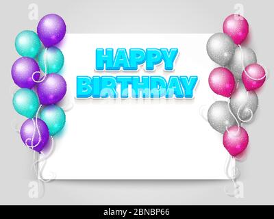Happy Birthday Grußkarte Vektor-Vorlage mit leerem Papierbogen und fliegen realistische Ballons Illustration Stock Vektor