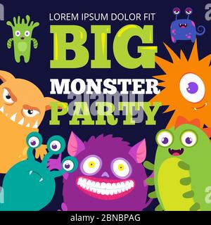 Halloween Monster Party Banner Vorlage mit niedlichen Comic-Figuren. Einladung Geburtstagsplakat mit glücklichen Monstern. Vektorgrafik Stock Vektor