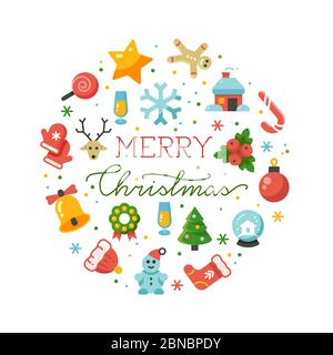 Frohe Weihnachten rund Banner Vektor-Vorlage mit flachen Symbolen isoliert auf weißem Hintergrund Illustration Stock Vektor