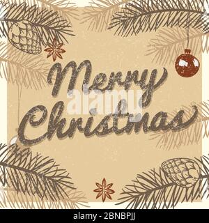 Frohe weihnachten Vintage Grußkarte. Winter Urlaub Vektor Hintergrund mit Hand gezeichneten Tannenzweige und Kiefern Illustration Stock Vektor