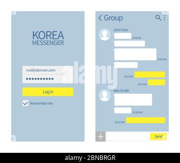 Koreanischer Messenger. Kakao Talk-Schnittstelle mit Chat-Boxen und Icons Vektor-Nachrichtenvorlage. Illustration der Nachricht Telefon, Anwendung kakaotalk Stock Vektor