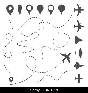 Pfad der Ebenenlinie. Flugweg, Karte gepunkteten Weg und Flugrichtung. Flugzeuge und Pins Vektor-Symbole. Flugzeug beweglichen Weg, Flugzeug Silhouette Route Illustration Stock Vektor