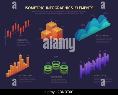 Isometrische Infografiken. Präsentationsgrafiken, Datenschicht für Statistiken, Wachstumskarte und Finanzdiagramm. Digitale Vektorgrafik. Abbildung des isometrischen Diagramms, Infografik Stock Vektor