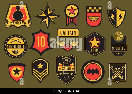 Abzeichen der Armee. USA militärischen Patches und Flugmarken. Amerikanische Soldatenschevron mit Typografie und Sternvektorsatz. Illustration von bewaffneten Schild und Emblem, Armee und Militärpatch Stock Vektor
