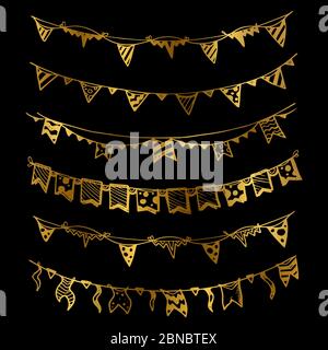 Goldene Ferien Girlanden mit Glühbirnen Party Lichter und Fahnen Vektor-Set Illustration Stock Vektor