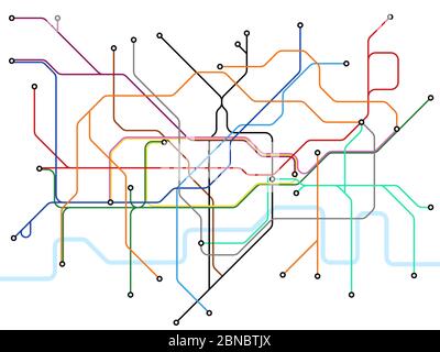 U-Bahn-Karte von London. U-Bahn-Haltestelle für öffentliche Verkehrsmittel. Vektorplan für den britischen Bahnhof. Abbildung der Linie der öffentlichen Verkehrsmittel Stock Vektor