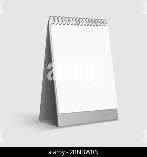 Kalender-Modell. Weißer Tischkalender mit Ringordner. 3d-Vektorvorlage. Kalender Büro Modell, Seite mit Spiralillustration Stock Vektor