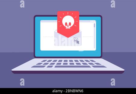 E-Mail-Virus. Umschlag mit Malware-Nachricht mit Schädel auf Laptop-Bildschirm. E-Mail-Spam, Phishing-Betrug und Hacker-Angriff Vektorkonzept. Spam-Bedrohung auf Laptop, Virus Online-Malware Illustration Stock Vektor