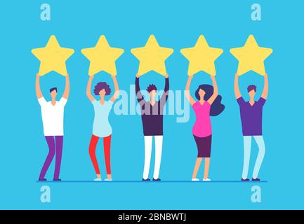 5 Sterne Bewertungskonzept. Positives Feedback zur Kundenbewertung. Menschen mit goldenen Sternen in den Händen. Hintergrund der Geschäftsvektoren. Darstellung von positivem Ranking, Feedback und Bewertung Stock Vektor