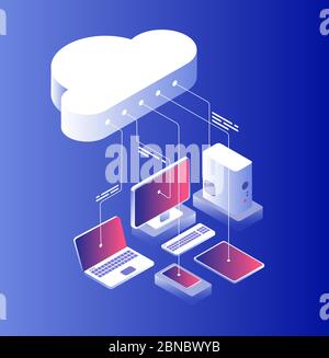 Cloud-Computing. Informationstechnologie mit Laptop-Computer und Smartphone-Konfiguration. Cloud Services isometrisches Vektorkonzept. Darstellung der Computer-isometrischen Datenbank-Synchronisation Stock Vektor