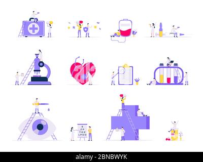 Healthcare Medizin Wissenschaft Konzepte mit winzigen Menschen Ärzte und Medizin-Geräte arbeiten zusammen flache Stil Design Vektor Illustration isolieren Stock Vektor
