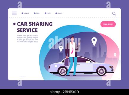 Car Sharing Konzept. Geschäftsmann mit Smartphone am Auto auf der Stadtstraße. Vektorvorlage für Parkdienste auf der Website. Abbildung der Online-Transport-Service mieten Stock Vektor