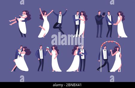 Verheiratete Paare. Frisch verheiratet Braut und Bräutigam, Hochzeit Feier Cartoon-Figuren. Gerade verheiratet glücklich Menschen Vektor-Set. Ehefrau und Ehemann, Bräutigam und Brautjungfer Illustration Stock Vektor