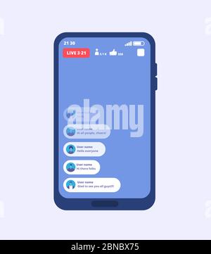 Live-Videostream für Smartphones. Streaming von Videos auf dem Handy mit von facebook inspirierter benutzeroberfläche. Vektor-Vorlage Video-Übertragung, Wiedergabe Multimedia-Stream, Online-Smartphone-Stream Illustration Stock Vektor