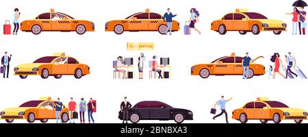 Leute und Taxi. Taxifahrer, Beifahrer und Auto in Fahrt. Taxi Service isolierte Symbole. Taxi Service Auto, Transport Kundenillustration Stock Vektor