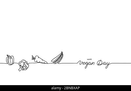Welt Veganer Tag Grenze, Hintergrund mit Gemüse. Einfacher, schwarz-weißer veganer Vektorhintergrund. Gemüse eine kontinuierliche Strichzeichnung Stock Vektor